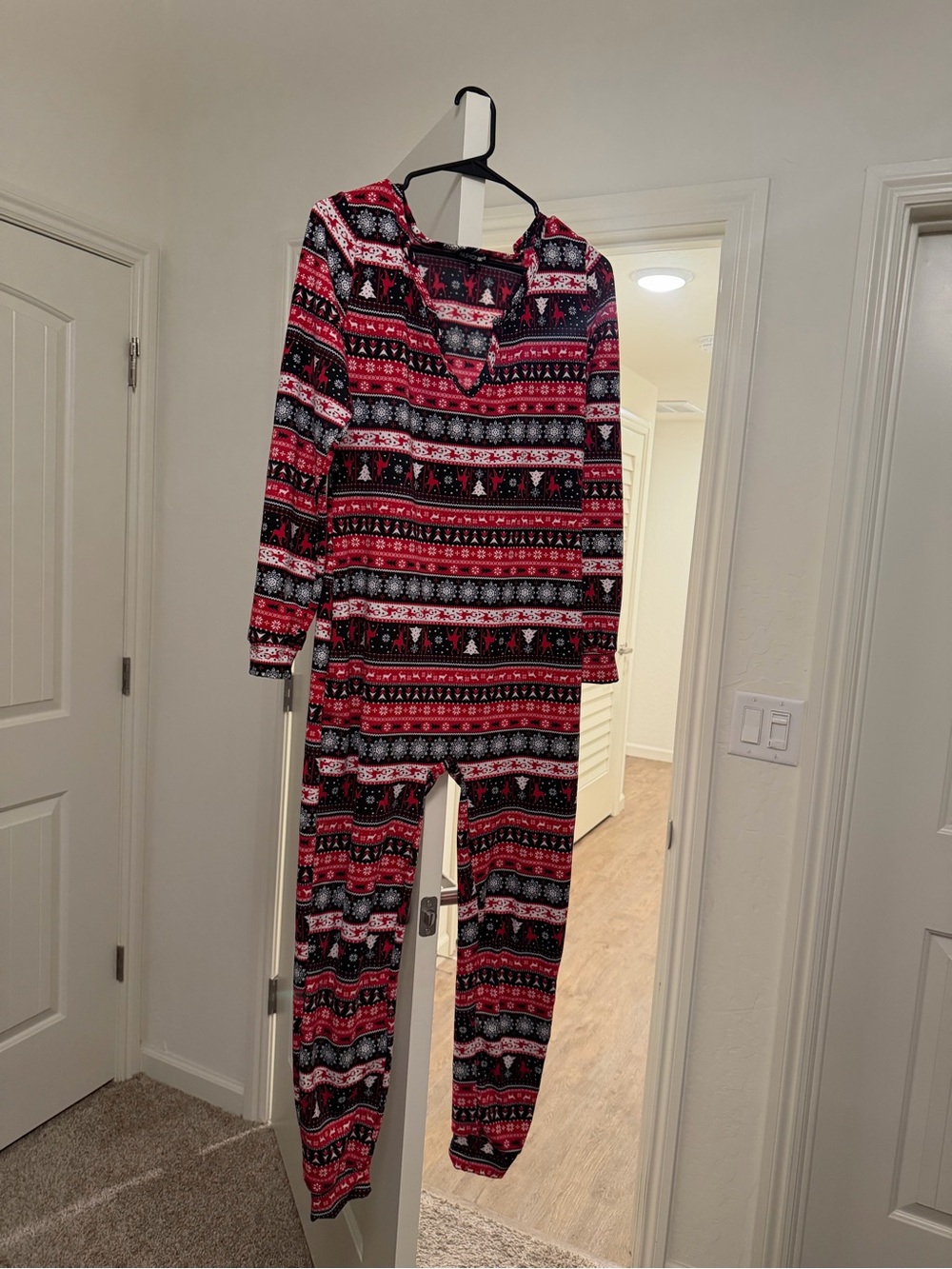 Fashion Nova Red, Black and White Fair Isle Hooded One-Piece Pajama
